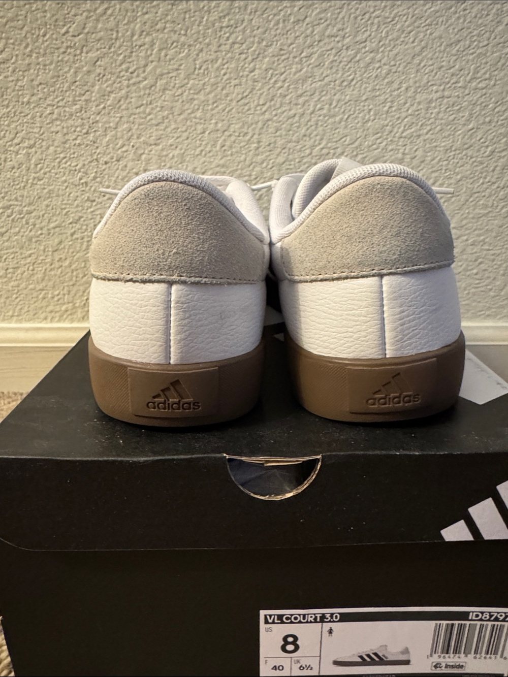 Adidas VL Court 3.0 White Sneakers with Black Stripes and Brown Sole - Picture 6 of 6